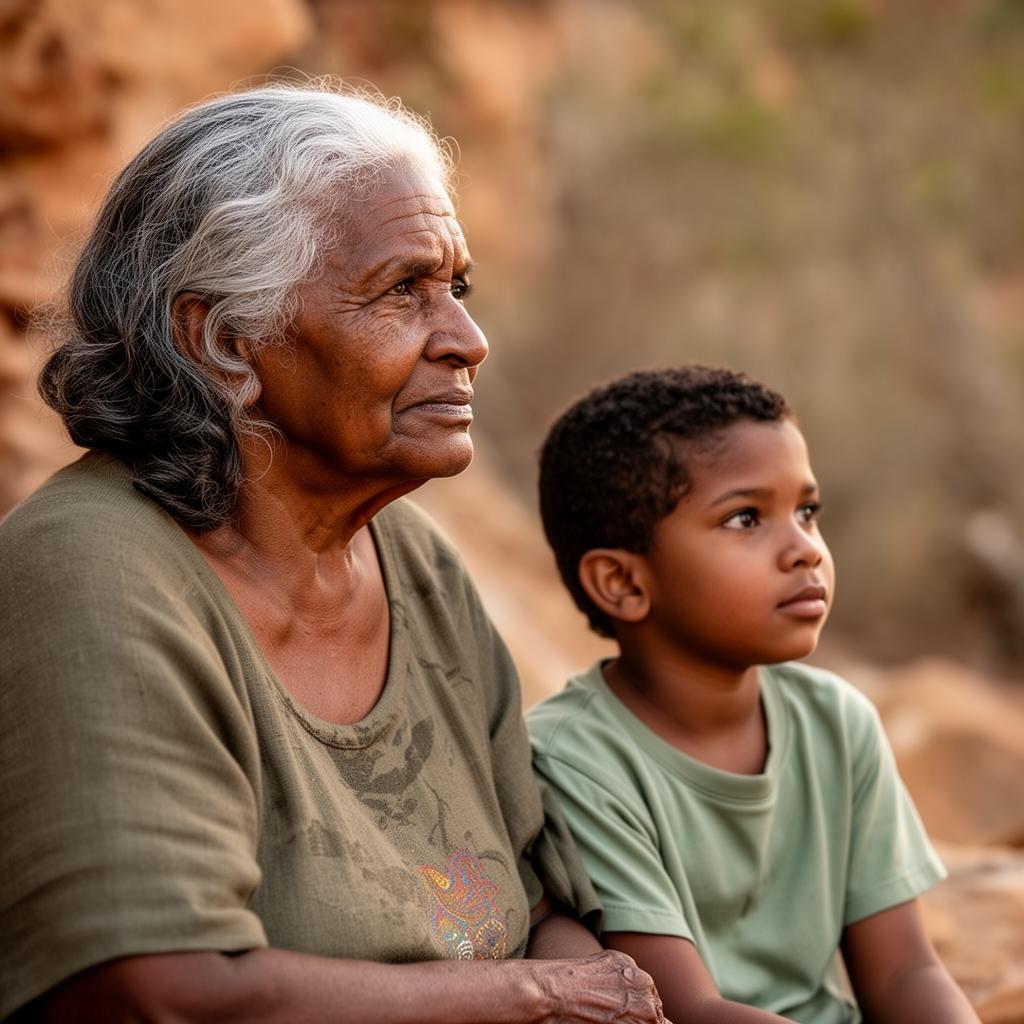 Aboriginal elder and child sitting together in soft natural light