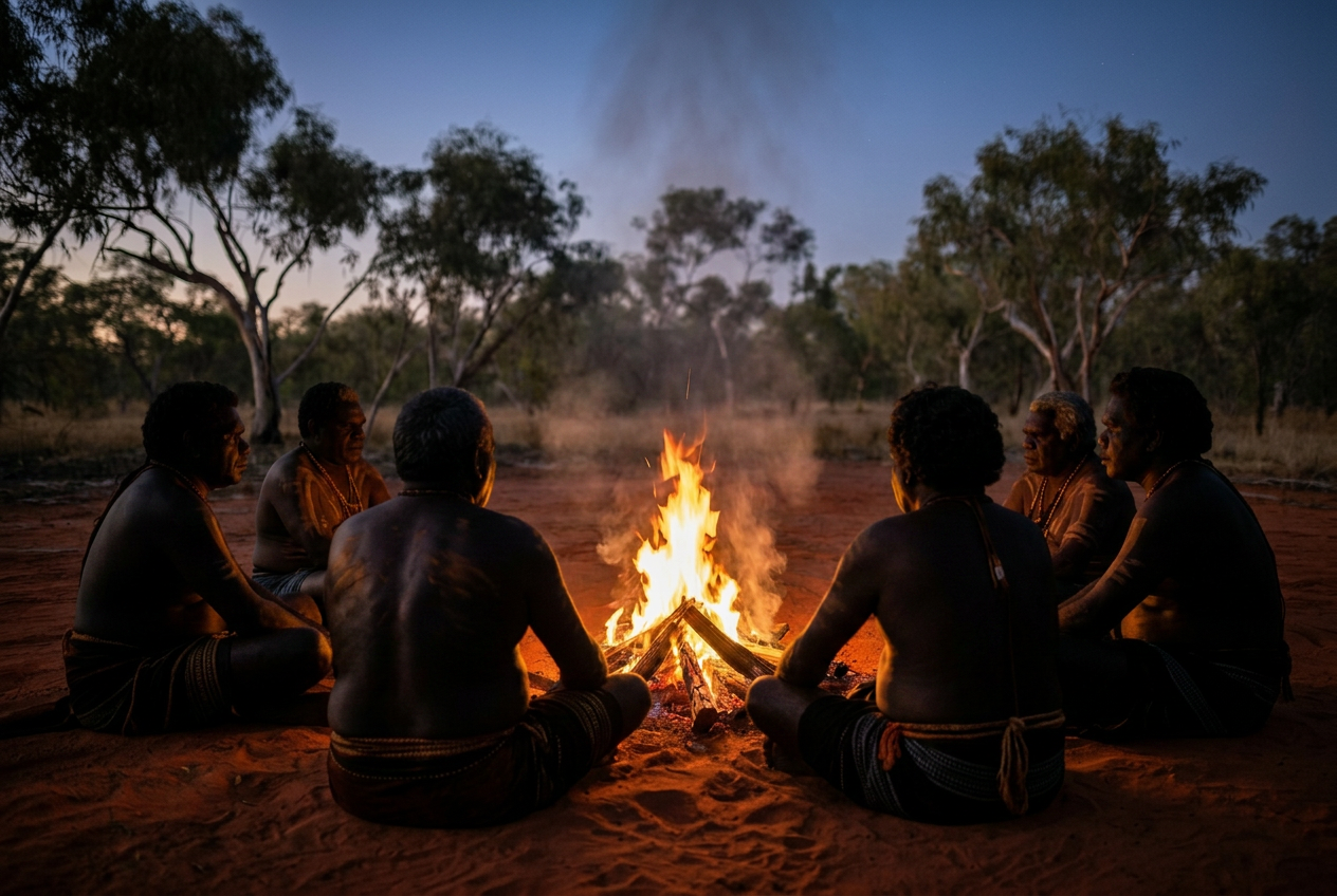 Community yarning circle gathered around a fire on Country at dusk
